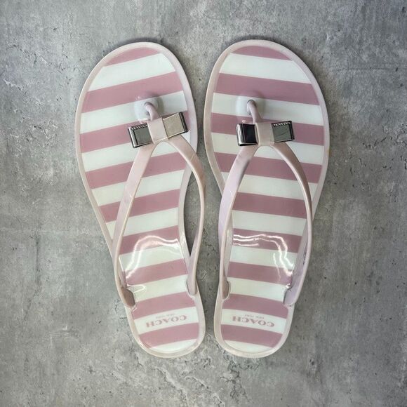Coach Landon Pink White Stripe Jelly Bow Thong Flip Flop Sandals Women Size 8B - Picture 3 of 10